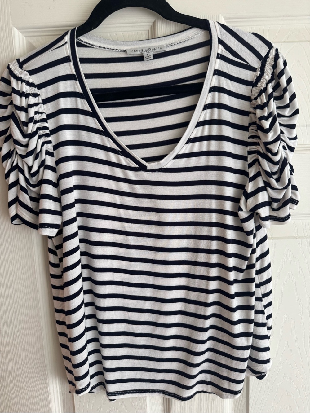 Green Envelope Black & White Striped Puff-Sleeve V-Neck Top